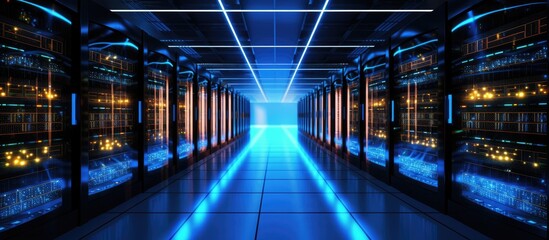 Poster - A long hallway in a building filled with servers in a data center, parallel rows in symmetry, illuminated by electric blue lights, powered by technology and electricity, surrounded by darkness