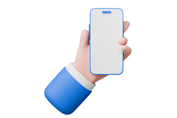 Poster - 3D Minimal cartoon blue hand holding mobile phone icon isolated on purple background. 3d Business hand using smartphone with empty screen for mockup mobile screen concept. 3d rendering illustration.