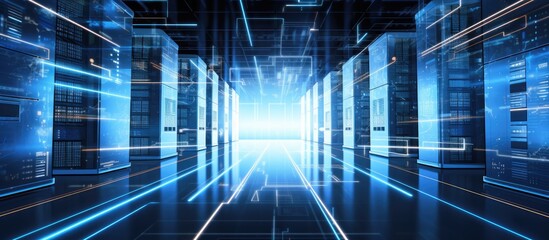 Poster - A computergenerated image featuring a symmetrical arrangement of rectangular server racks in a dark room, illuminated by an electric blue light shining from the ceiling