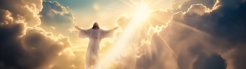 Wall Mural - The resurrected Jesus Christ ascending to heaven above the bright light sky and clouds and God, Heaven and Second Coming concept