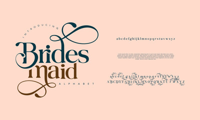 Leinwandbilder - Bridesmaid premium luxury elegant alphabet letters and numbers. Vintage wedding typography classic serif font decorative vintage retro. Creative vector illustration