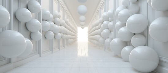 Sticker - A hallway in a building adorned with a symmetrical pattern of white balls leading towards a bright light at the end, creating an artistic and mesmerizing atmosphere