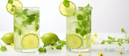 Wall Mural - Two glasses of refreshing lemonade with lime slices and mint leaves sit on a table. The yellow liquid sparkles in the sunlight against a backdrop of green grass