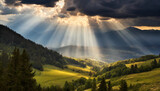 Vivid sun rays pierce through ominous storm clouds, illuminating darkness with hope and resilience
