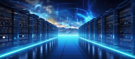 Poster - The data center features a row of servers illuminated by electric blue lights from the ceiling, creating a symmetrical display of technology and art in a space of darkness