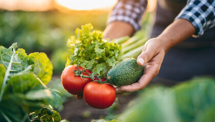 Poster - Hands tenderly harvest vibrant veggies on an organic farm, epitomizing health and sustainability