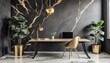 Office desk, dark brown and gold, marble detailed walls, luxury home office