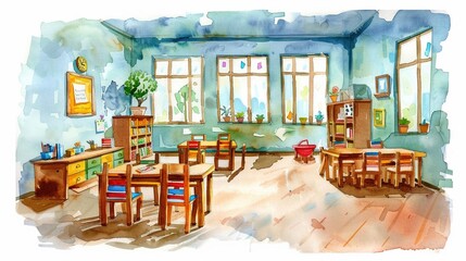 Wall Mural - Watercolor art of a cheerful Christian Sunday school classroom filled with joy and learning