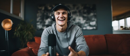 Poster - A man with facial hair is sitting on a couch wearing a fun tshirt and hat, holding a microphone and giving a thumbs up while listening to music with headphones