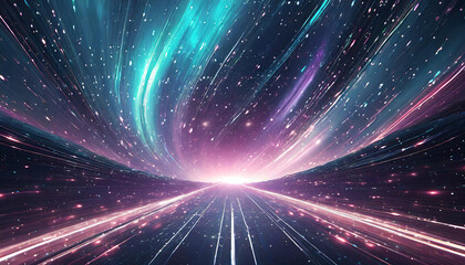 neon hyper flight through hyperspace stars, time warp travel in space. conceptual illustration of fu