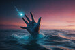 surreal abstract of a hand reaching out from the sea to grasp a falling star