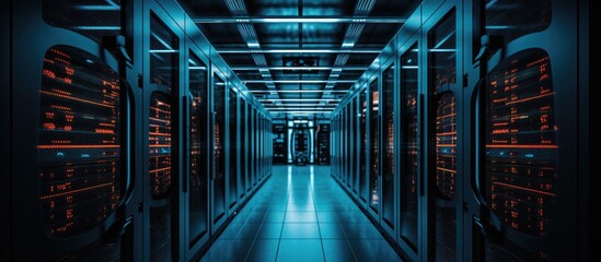 Poster - The building houses a long hallway with rows of electric blue servers in a data center, creating a symmetrical and parallel fixture