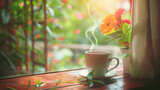 Fototapeta Perspektywa 3d - 봄, 카페, 따뜻한 커피와 꽃