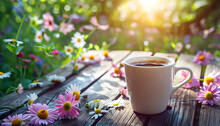 A calm and relax coffee scene with hot beverage in a cup on a wooden table with flowers in spring season. Perfect for morning drinks and tranquility.