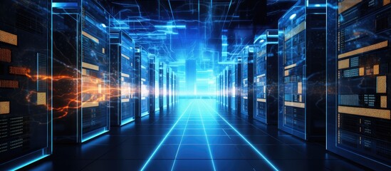 Poster - A row of servers in a data center, illuminated by electric blue light cascading from the ceiling, creating a visually striking display device with a symmetrical and entertaining visual effect