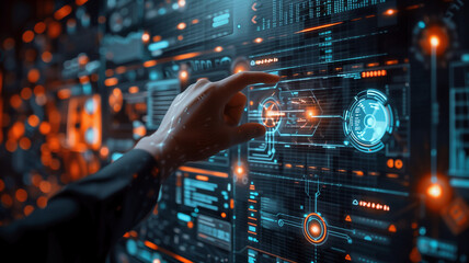 Hand Pressing a Button on a Futuristic Neon Interface Screen. 