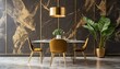 Luxury dining room, dining table, brown and marble wall