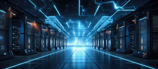 Poster - The Azurethemed server room is filled with a multitude of servers in a symmetrical layout. Electric blue lights on the ceiling create a mesmerizing pattern in the dark space