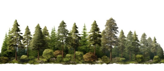 Wall Mural - A row of evergreen trees standing tall on a white background, creating a natural landscape with grass and water. A serene view from a window
