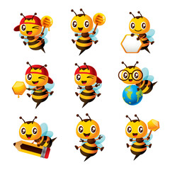 Wall Mural - Cartoon cute bee mascot set. Cartoon cute bee showing different pose with holdin honey dipper, pencil, globe, honeycomb sign and wearing cap. Illustration isolated