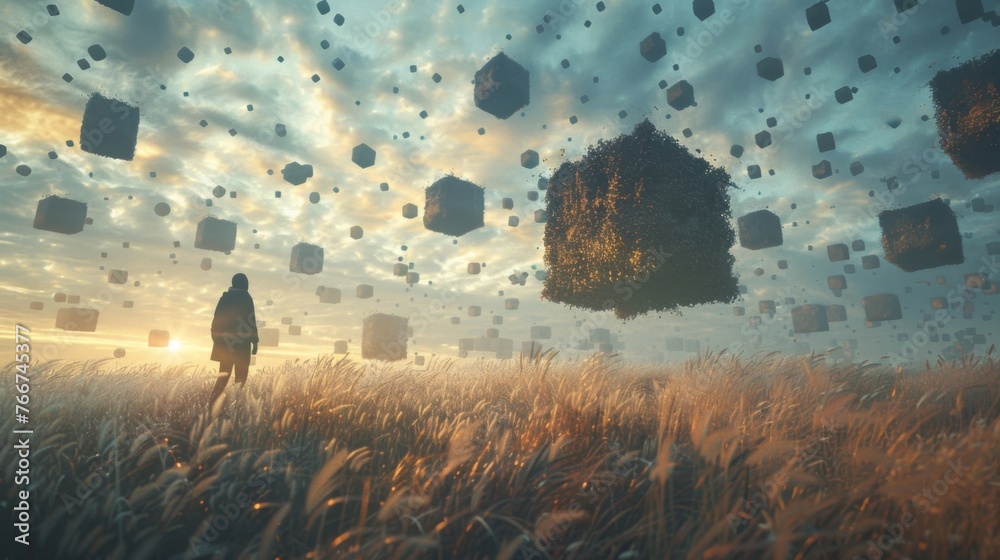 A digital landscape with floating cubes representing different thoughts ...