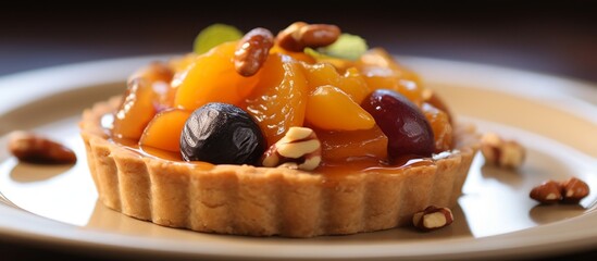 Sticker - A delicious small fruit tart topped with nuts displayed on a white plate, a perfect combination of baked goods and natural foods