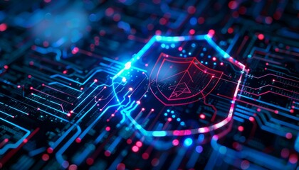 Wall Mural - Cyber Shield Protection, computer security with an image showing a shield emblem protecting a computer from cyber threats, AI