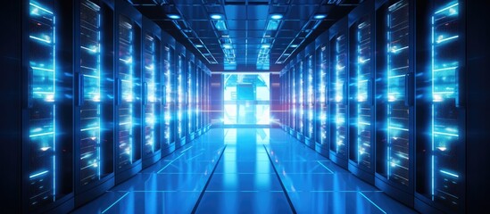 Poster - A data center hallway with rows of electric blue servers, symmetrical patterns, and visual effect lighting. The technology hub resembles an entertainment event with circle displays