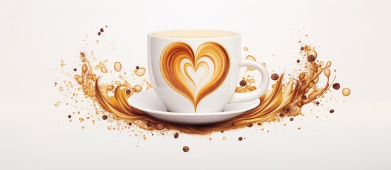 Wall Mural - A cup of coffee with a heartshaped latte art on a saucer, symbolizing love and warmth through intricate graphics and fluid lines