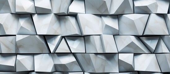 Poster - A closeup of a grey wall composed of rectangular geometric shapes showcasing symmetry and pattern. The building material appears to be a composite material with a metallic sheen