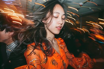 Motion blur portrait of woman dancing at night 