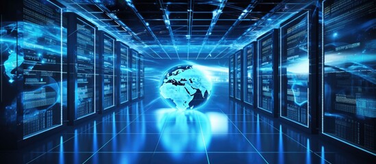Poster - A server room transformed into an entertainment space with a globe as the central display device. The electric blue lighting adds symmetry and techy art vibes