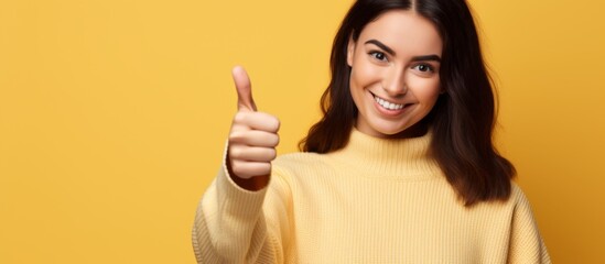 Wall Mural - A woman with long, layered hair and a yellow sweater is happily giving a thumbs up gesture. Her smile showcases her eyelashes, portraying a fun and positive attitude