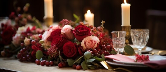 Sticker - A beautifully arranged table with plates, glasses, candles, and flowers including roses. The lighting illuminates the creative arts of flower arranging at the event