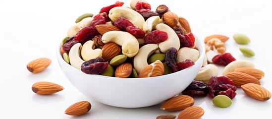 Canvas Print - A white bowl filled with nuts and cranberries, making a colorful and nutritious addition to any salad or recipe on a white background