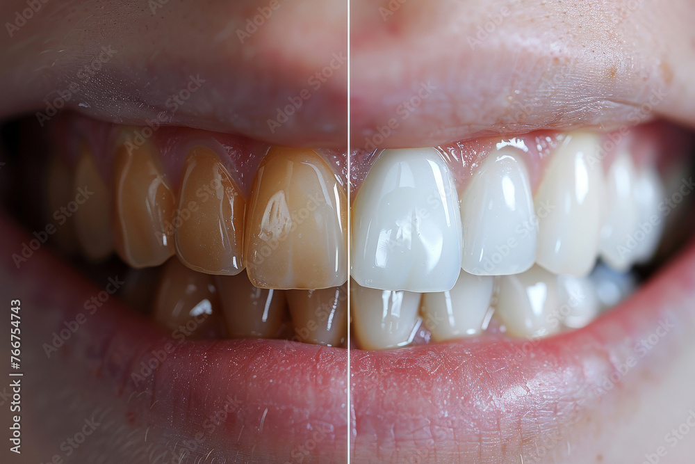 veneers treatment, Yellow Teeth before and after whitening. Happy