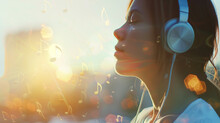 Happy Woman Enjoys Listening To Music On Headphones