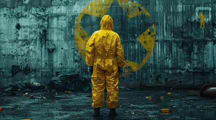 Wall Mural - A conceptual image of a person wearing protective gear and holding a stop sign with toxic symbols