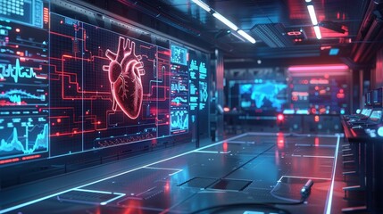 A digital concept of a futuristic cardiology lab with minimalist equipment and high - tech diagnostic tools for heart health