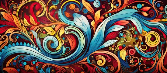 Poster - Vibrant swirls and delicate foliage are intricately painted on a dark background, creating an abstract and eye-catching artwork