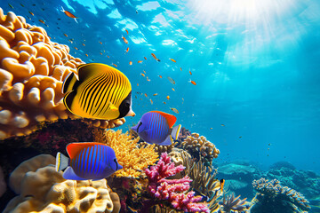 Wall Mural - Photo coral reef with fish blue sea underwater scene