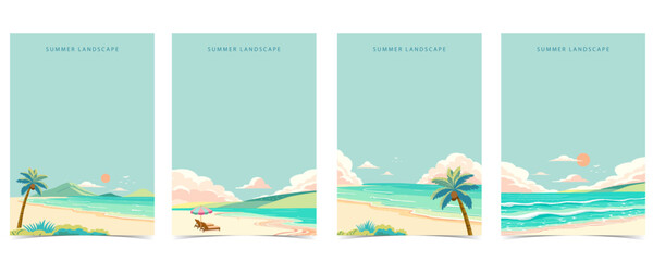 Wall Mural - beach background with sea,sand,sky.illustration vector for a4 page design