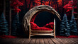 A wooden bed with red pillows sits in a forest setting., newborn digital  backdrop