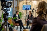 Fototapeta  - A business talk show segment focused on sustainability and corporate social responsibility, featuring interviews with eco-conscious entrepreneurs and advocates driving positive change, Generative AI