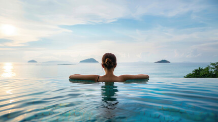 Wall Mural - A beautiful young woman in a pool with a stunning mesmerizing ocean view