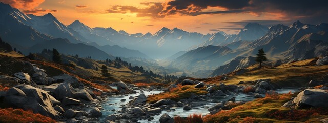 Sticker - Mountain landscape with river and high peaks at sunset