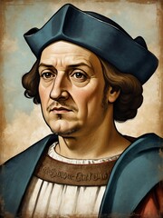 Poster - Portrait of Christopher Columbus art oil on canvas medieval painting illustration grainy grunge texture from Generative AI