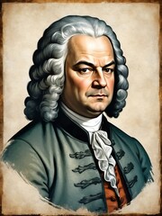 Portrait of Johann Sebastian Bach art oil on canvas medieval painting illustration grainy grunge texture from Generative AI