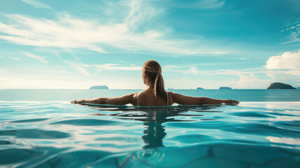 Wall Mural - A beautiful young woman in a pool with a stunning mesmerizing ocean view