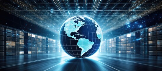 Poster - A computergenerated image of a glowing globe in a data center, emitting electric blue light with symmetrical visual effects. The globe is a display device showcasing multimedia content